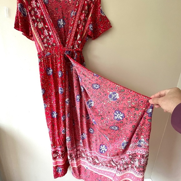 Maxi Dress Red Wrap V Neck Short Sleeve Front Split Summer Floral Belted, Size S - Picture 7 of 10